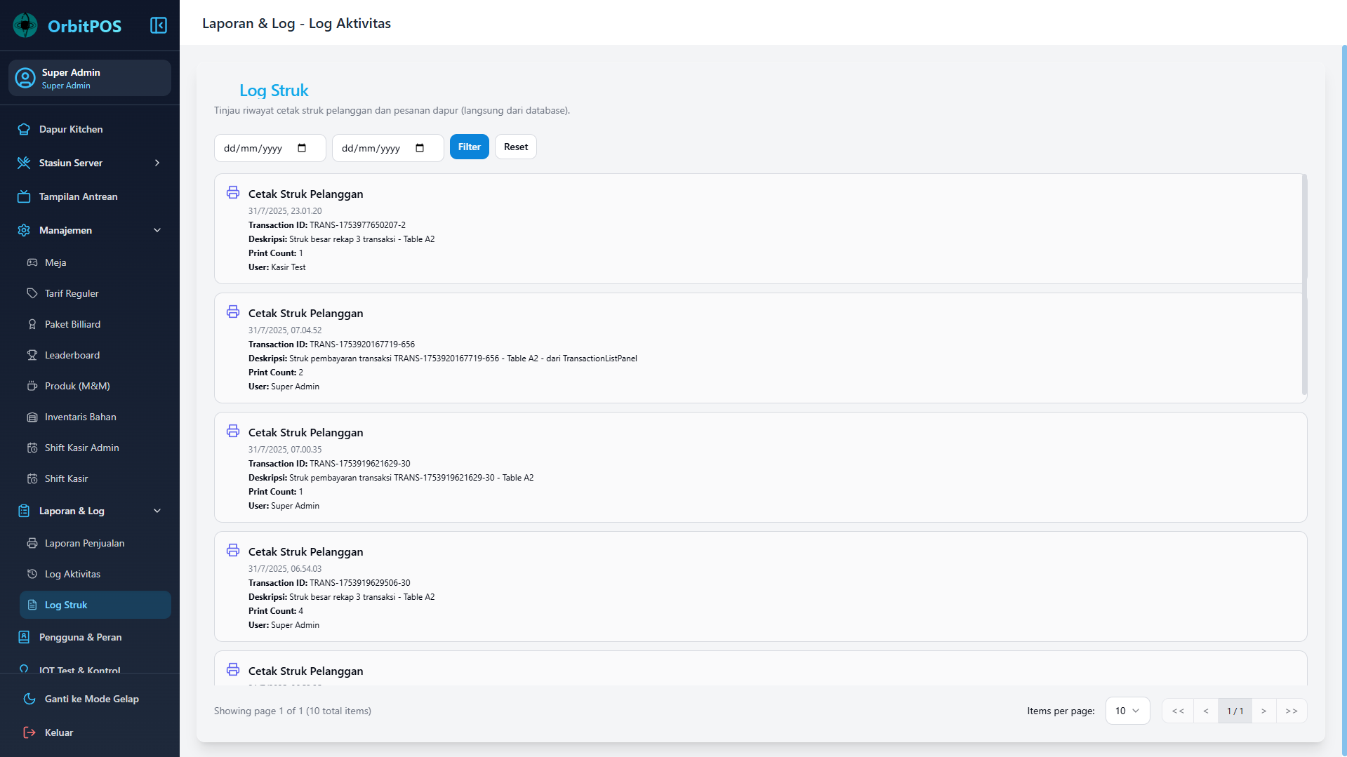 Receipt Log Interface